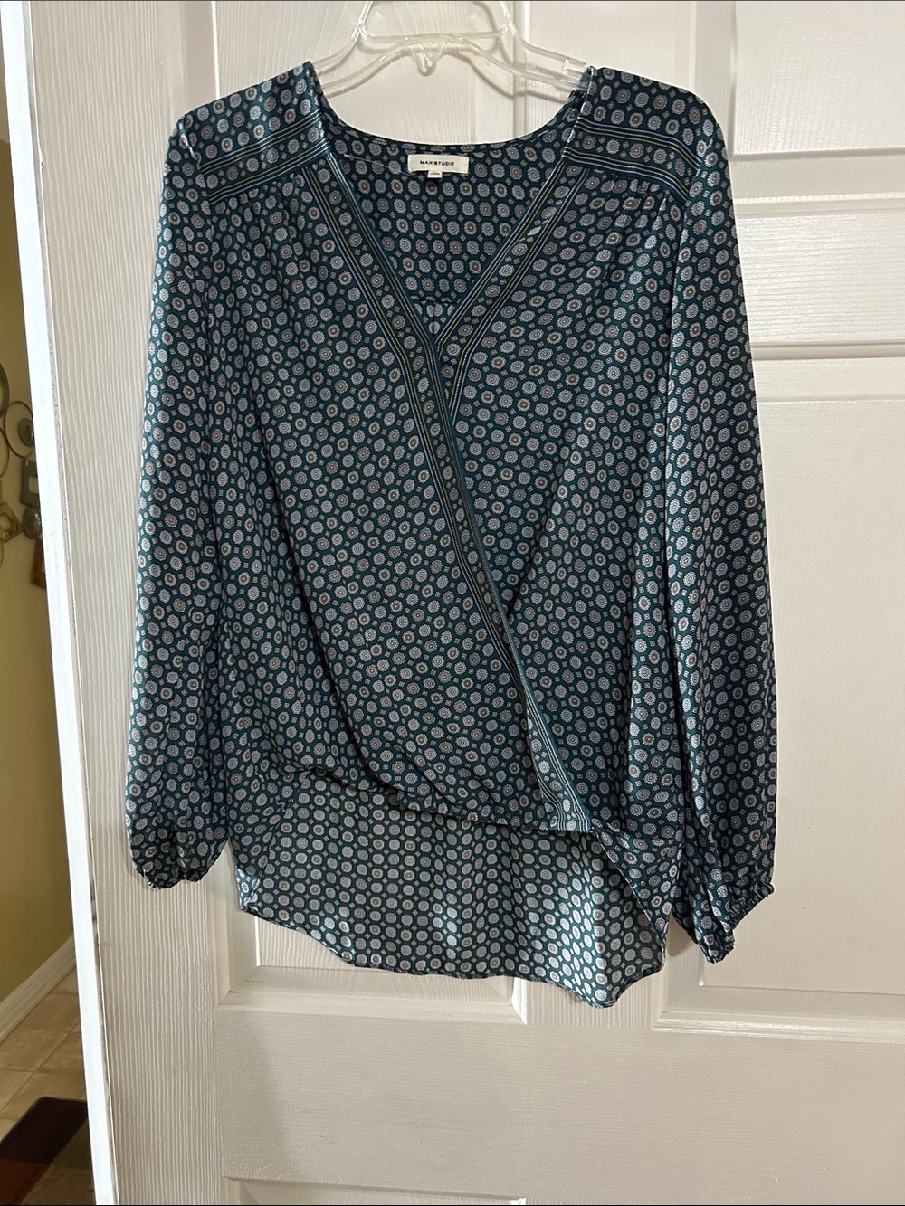 Teal Patterned Wrap-Front Blouse